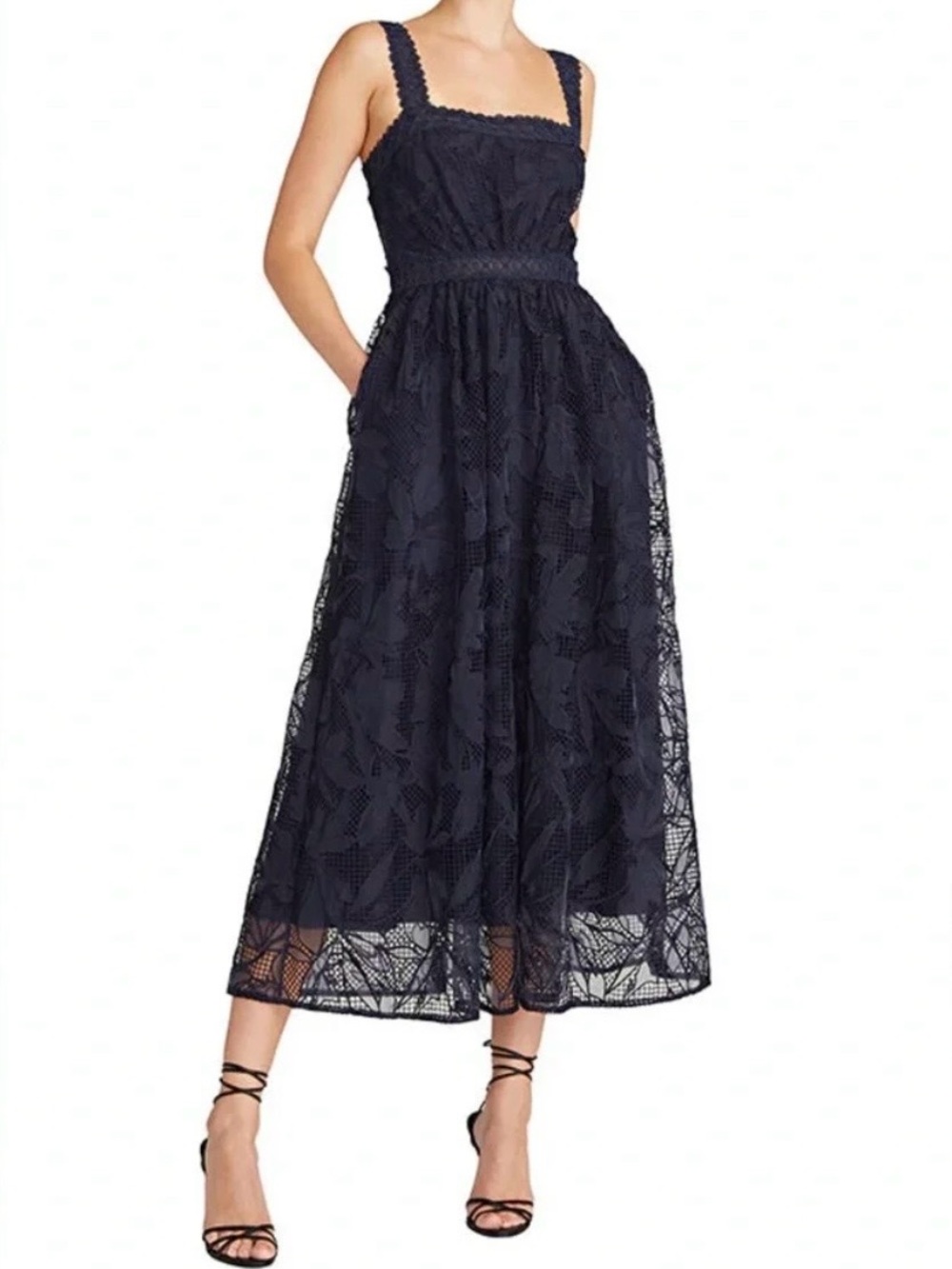 MONIQUE LHUILLIER - Embroidered Lace Square Neck Midi Dress Size 2